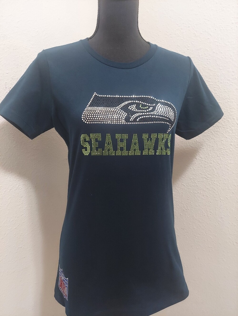 Seattle Seahawks Women's Navy Rhinestone Logo Tee